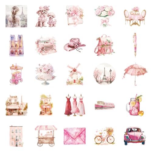 50 Pcs Pink Paris Aesthetic Stickers for Gril, Watercolor French Travel Stickers, Cute Parisian Vinyl Decals for Laptop, Water Bottle, Journal, Scrapbooking, Paris Lovers Gifts - color: Paris