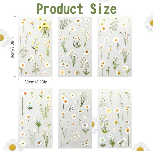 Daisy Stickers, 6 Pcs Transparent Floral Decals for Crafts Waterproof White Daisy Vinyl Flower Themed Stickers for Scrapbooking Supplies Card Making Journaling Water Bottles DIY Crafts Decoration - style: Daisy