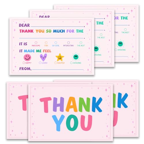 Pink Thank You Card For Kids, 20 Pack Thank You Notes Cards With Envelopes, Fill In The Blank Colorful Birthday Party Greeting Cards, Baby Shower Party Decor Decoration, 05 - color: Pink
