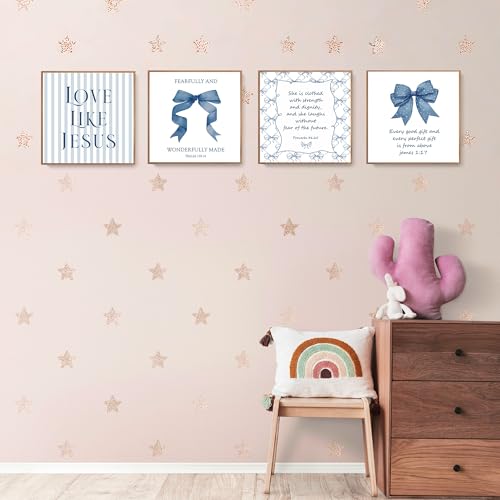 LARTSFRO Coquette Navy Blue Bow Jesus Wall Art Decor Posters, Blue Bow Christian Room Bedroom Bathroom Wall Art Decor Aesthetic for Teen Girls College Gifts, Inspirational Bible Verses Bow Wall Decor, 10x10 Inch Set of 4 Bow Pictures(UNFRAMED) - color: na