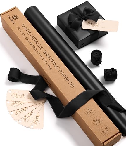 Vitalizart Matte Metallic Black Wrapping Paper Set 17" Ribbons & Gift Tags | All-In-One Recyclable Luxury Elegant Gift Paper Roll Christmas Holiday Bridal Baby Shower Wedding Girls Boys Birthday 197" - color: Black Paper & Black Ribbons, size: 17 Inch