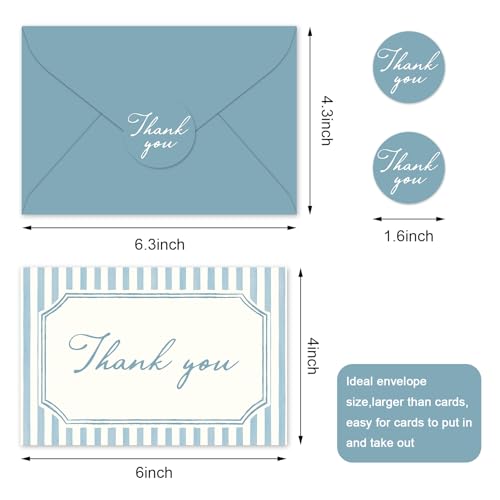 Whaline 24Pcs Blue Striped Thank You Cards Blank Note Cards with Envelopes Stickers Minimalist Stripe Greeting Card for Wedding Birthday Baby Shower, 4 x 6 Inch - color: Blue