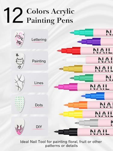 EBANKU 12 Color Nail Art Pens Set 3D 0.7MM Graffiti Acrylic Paint Nail Art Quick-Drying Nail Point Graffiti Dotting Liner Pen Sets for Home - color: 0.7MM