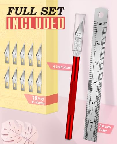 DIYSELF Hobby Knife Set with 10 Extra #11 Blades, 15cm Metal Ruler for Art - color: Red-10blades