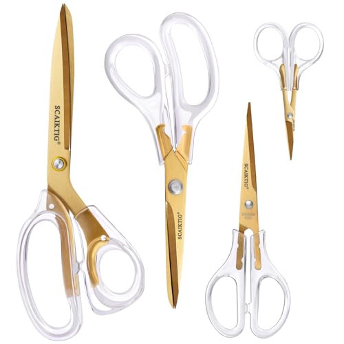 SCAIKTIG Acrylic Scissors Set, Office Scissors for Desk Gold, Clear Comfort-Grip Handles and Titanium Coated Blades, Sharp Scissors all Purpose Heavy Duty for Sewing, Art, Craft, School, Home Supplies - color: Transparent + Gold, size: 4-Pack(9.4"/8"/6.8"