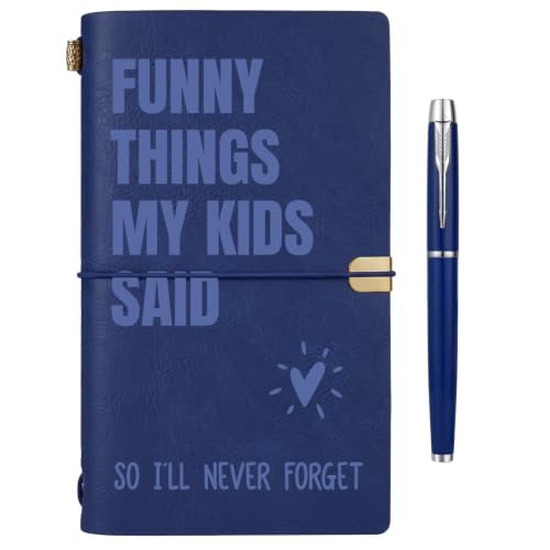 New Mom Gifts - Blue “Funny Things My Kids Said” Leather Journal with Pen - color: Blue
