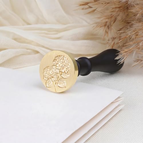 UNIQOOO 3D Embossed Relief Double Hydrangea Flowers Wax Seal Stamp with Wooden Handle, Vintage Brass Twin Floral Botanical Stamp Head for Wedding Invitations, Envelope Sealer, DIY Craft, Gift Wrapping - color: Double Hydrangea Flowers