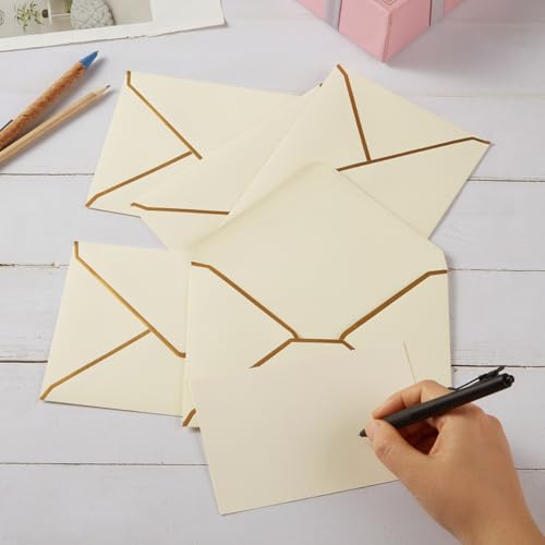 50 Pieces 4x6 Envelopes with Gold Stickers, Cream Color, 4.25x6.25 Inch | Gold Border Included, For Greeting Cards and Invitations - color: Cream Color, size: A4-4x6