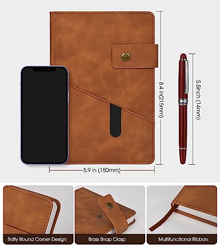 vfaejll Lined Notebook with Pen, 5.9"x8.4" A5 Hardcover Leather Journal Set - color: Brown