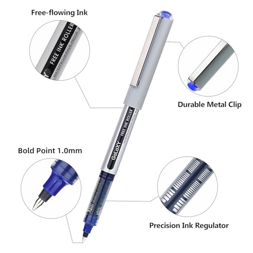EYEYE Blue Rollerball Pens 1.0mm, 12 Pack Roller Ball Pen Quick Dry, Liquid Blue Ink Pens Bold Point Smooth Writing Pen for Journaling, Note Taking, Office, School Supplies - color: Blue, size: 1.0mm