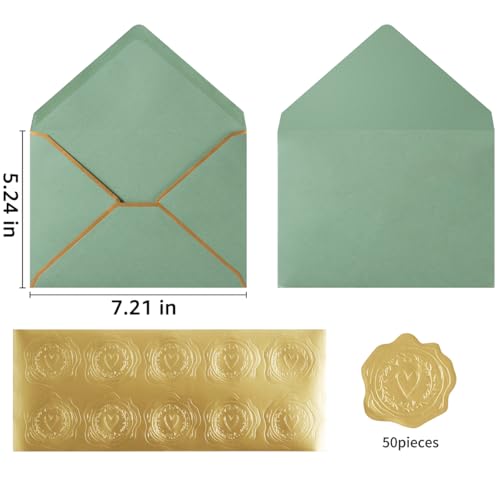 50 Pieces A7 Envelopes with Gold Stickers, Sage Green, 5.24 x 7.21 Inch - color: Sage Green, size: One Size