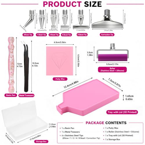 jecxucci Diamond Painting Pens Kit, with Stainless Steel Elbow,1,2,4,8 Screw Tip Multiplacer Nibs Roller Tool, Diamond Art Tray with Lid, Tweezers, Putty Wax, Rhinestone Picker Tool for Adults (Pink) - color: Pink
