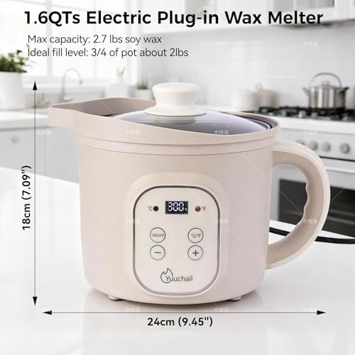 Yuuchail 1.6QTs Electric Wax Melter with Digital Display, Precise Temp Control 90–300°F, 3-Hour Auto Shut-Off & Non-Stick Coating, Wax Melting Pot for DIY Candle Making, Soap Making, Wax Crafts