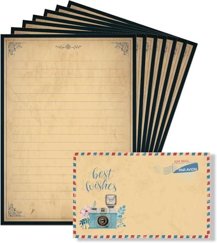 Lined Vintage Stationery Paper, Old Fashion Stationary Paper and Envelopes Set, 48 Sheets + 24 Envelopes Letter Writing Stationery Set for All Occasion, 7.3 x 10.2 Inch