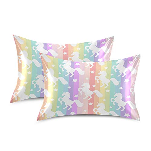 Satin Pillowcase for Hair and Skin, Standard Size Cute Licorne Rainbow Stripe Decorative Pillow Sham with Envelope Closure Pillow Cover for Bedroom Hotel - color: Unicorn, size: 20x26in