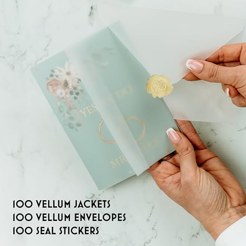 300 Pack Vellum Jackets for 5x7 Invitations Set includes: 100 Jackets, 100 Vellum Envelopes and 100 seal stickers. Wedding Invitation Accessories Kit. Easy to use Pre Folded Invitation Sleeves
