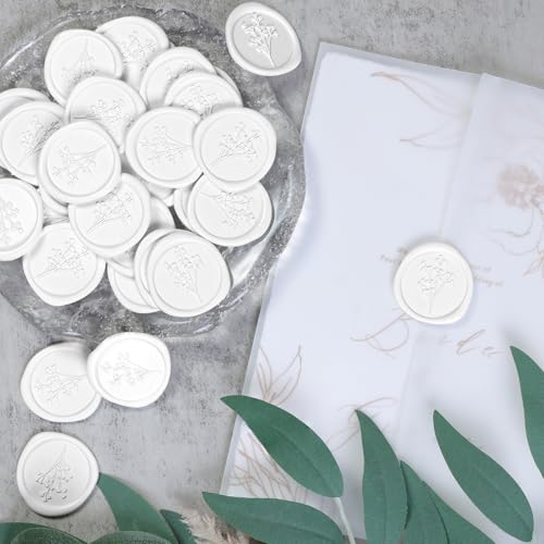 UNIQOOO Wax Seal Stickers - Baby‘s Breath Wedding Invitation Envelope Seal Stickers, Botanical 50 Pcs Self- Adhesive White Stickers, Perfect for Invitation, Gift Wrapping, Crafts (Snow White) - color: Snow White