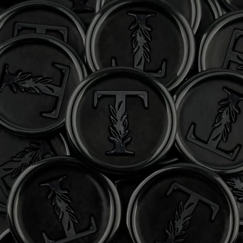 25Pcs Black Wax Seal Stickers Handmade Vintage Botanical Leaves Adhesive Letter Wax Stickers for Wedding Party Invitations, Envelope, Gift Wrap, Christmas(Initial T, Black) - color: Black-25pcs, size: T