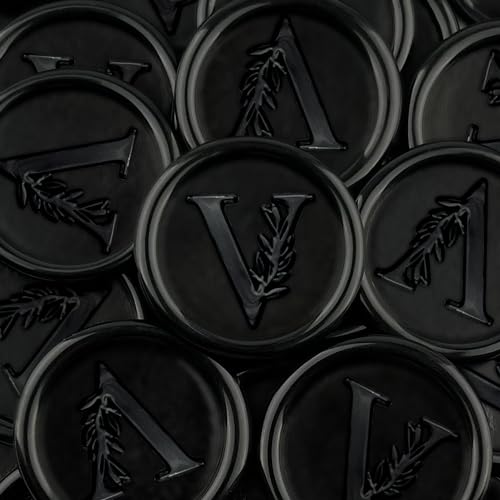 25Pcs Black Wax Seal Stickers Handmade Vintage Botanical Leaves Adhesive Letter Wax Stickers for Wedding Party Invitations, Envelope, Gift Wrap, Christmas(Initial V, Black) - color: Black-25pcs, size: V