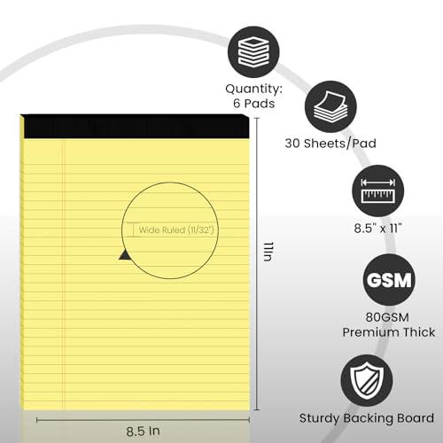 6pcs Legal Pads 8.5 x 11, Yellow Notepads 8.5 x 11 In, Perforate Wide Ruled - color: Yellow-6