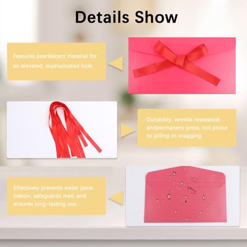 20 Pack Pearlescent Rose Red Decorative Envelopes with Ribbon Bow, 8x4 Inch Christmas Cash Gift Envelope, Greeting Invitation Envelope Classical Pure Set for Wedding Birthday Festival and Party - color: rose red