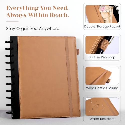 Hardcover Refillable Journal Notebook with Removable Divider Tabs, 300 Pages Leather 5 Subject Discbound Notebook College Ruled for Work School Note Taking,10x11.5" Lined Journal for Men & Women,brown - color: Brown, size: Large