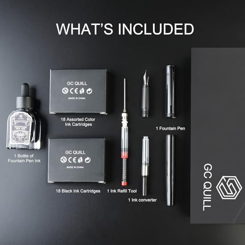 Fountain Pen Set, Elegant Executive Fine Nib Pen with Ink Converter, Refill Tool, Black & Assorted Cartridges, Bottled Ink, Gift for Journaling, Writing, Office and Beginners (All Black) - color: All Black