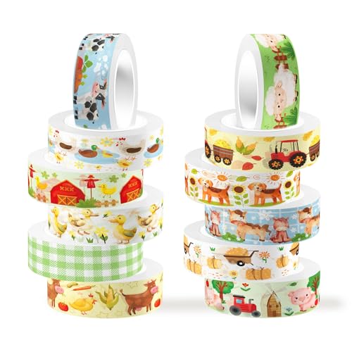 12 Pcs Farm Animals Washi Tape Set - Adorable Animal Patterned Decorative Masking Tape for Scrapbooking, Planner DIY, Craft Projects & Gift Wrapping