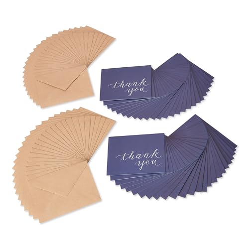 American Greetings Thank You Cards, Navy Blue with Brown Kraft-Style Envelopes (50-Count)