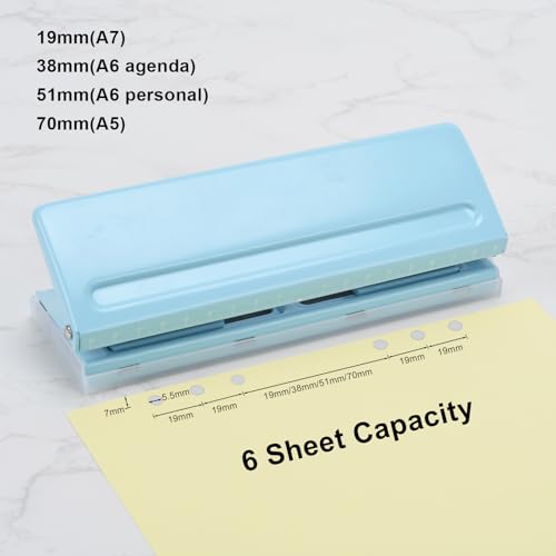 Adjustable 6-Hole Punch - Metal Hole Puncher for A4/A5/A6, Personal & Pocket Planners - 6-Ring Binder Puncher 6-Sheet Capacity, Non-Slip Base, with Ruler & Hole Guide (Blue) - color: Blue