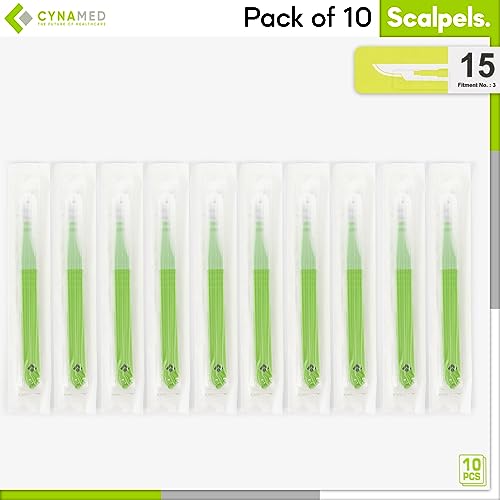 Cynamed Disposable Scalpel Blades| Sharp, Tempered Stainless-Steel Blades | Pack of 10 Sterile Scalpel Knives| Plastic Handle| Individual Pouches| for Dermaplaining, Crafts & More (No.15) - style: No.15