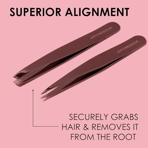 JAPONESQUE Slant and Point Tweezers Set, for Defining and Shaping Brows, Made with Hand-Sharpened Stainless, Ideal for Travel - style: Standard Set