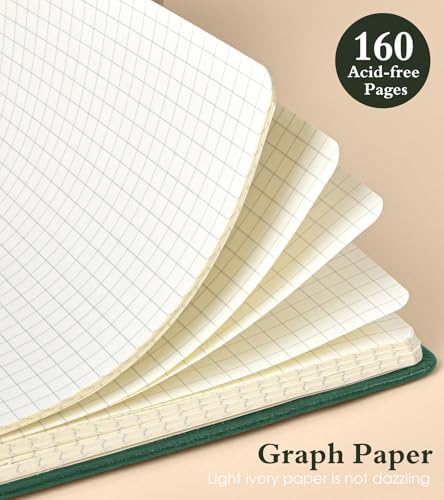 PAIBAS Graph Notebook for Women Men, 160 Pages Grid Paper, Graphing Notebooks for School, Work, Quad Ruled, Inner Pocket, A5 Hardcover Vintage Leather Journals for Writing, 5.8"x8.5" (Green) - color: Green, size: Graph (5.8" x 8.5")