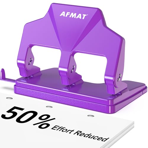 AFMAT 3 Hole Punch Heavy Duty, 40-Sheet Three Hole Punch, 50% Reduced Effort, 3 Hole Puncher for Binder w/Large Chip Tray, 9/32" Holes Diameter, Metal Paper Puncher for Home/Office/School,HP14(Purple) - color: Purple