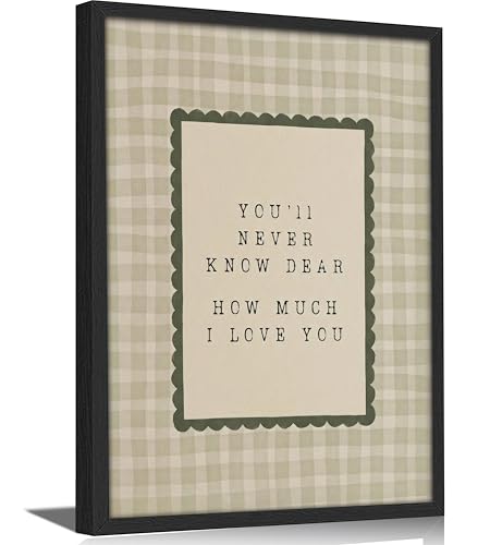 Framed 'You'll Never Know Dear How Much I Love You' Quote Wall Art, Vintage Green Gingham Canvas Print, Rustic Farmhouse Decor for Living Room Bedroom Nursery Guest Room - color: Floral-4, size: 24"L x 16"W