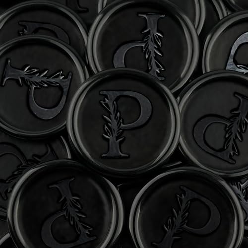 25Pcs Black Wax Seal Stickers Handmade Vintage Botanical Leaves Adhesive Letter Wax Stickers for Wedding Party Invitations, Envelope, Gift Wrap, Christmas(Initial P, Black) - color: Black-25pcs, size: P