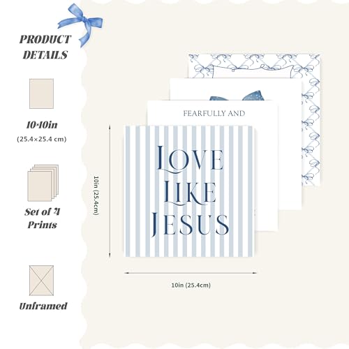 LARTSFRO Coquette Navy Blue Bow Jesus Wall Art Decor Posters, Blue Bow Christian Room Bedroom Bathroom Wall Art Decor Aesthetic for Teen Girls College Gifts, Inspirational Bible Verses Bow Wall Decor, 10x10 Inch Set of 4 Bow Pictures(UNFRAMED) - color: na