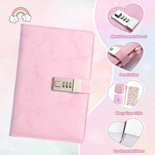 Diary Gift Set, Marble PU Leather 300 Pages Journals for Writing, Drawing Notebook with Lock Includes Combination Lock, Double Layer Pencil Pouch, Bracelet, Diamond Pen