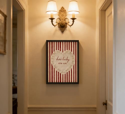 Framed 'How Lucky Are We' Heart Wall Art, Vintage Red Stripe Lace Canvas Print, Rustic Farmhouse Decor for Living Room Bedroom Guest Room Nursery Home - color: Floral-1, size: 10"L x 8"W