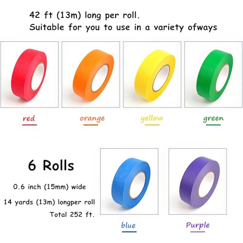 6 Rolls Colored Masking Tape，colored painters tape，0.6" x14.3Yard Drafting Tape,Colored Painters Tape for Arts and Crafts，Labeling Tape, Paper Tape,DIY Decorative Coding Decoration Teaching Supplies