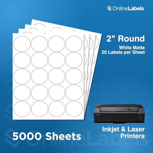 OnlineLabels 2" Circle Labels - White Matte - Inkjet/Laser - 5,000 Sheets - size: 5000 Sheet Pack