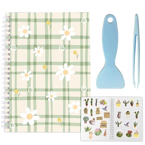 CRASPIRE Sticker Book 40 Pages Green Flower Reusable Album Storage 8.26x5.82In Double-Sided Waterproof Blank Pasteable Notebook with Tools for Adults Release Paper Holder Saver Organizer - style: Flower