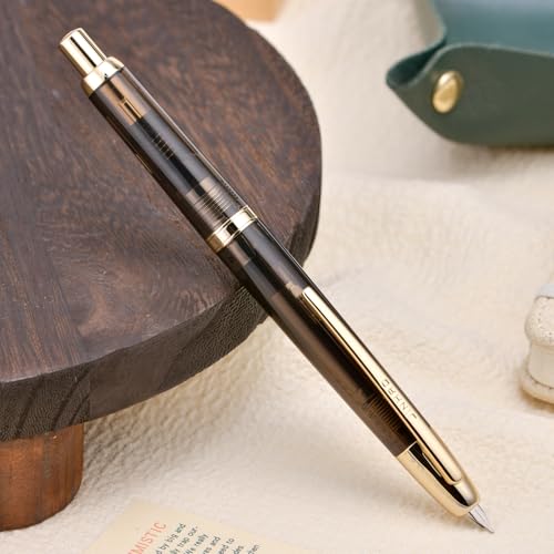 Jinhao 20 Press Fountain Pen, Transparent Black Retractable Medium Nib with Ink Converter Set (Golden Clip) - color: Transparent Black (Golden Clip), style: Medium