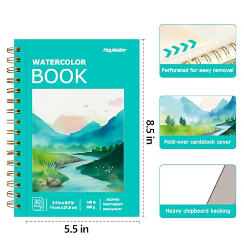 Hapikalor Watercolor Paper Pad, 5.5"x8.5" Water Color Paper, 140lb/300gsm - color: Green, size: 5.5"x8.5" Spiral Bound
