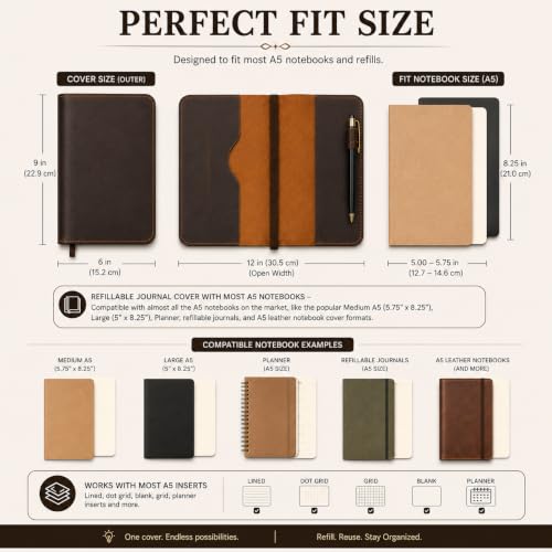 Handmade A5 Leather Journal Cover 9 x 6 in, Dark Brown - color: Dark Brown