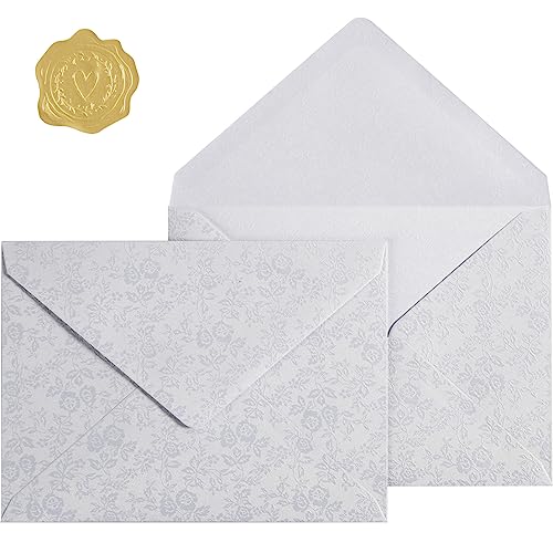 50 Pieces A7 Envelopes 5x7 with Gold Stickers, Rose, White - color: Gold,White