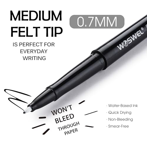 WOSWEL Black Felt Tip Pens, 32 Black 0.7mm Medium Point Felt Tip Markers Pen for Journaling, Note Taking, Planner, Writing,Drawing.Perfect for Art Office and School Supplies