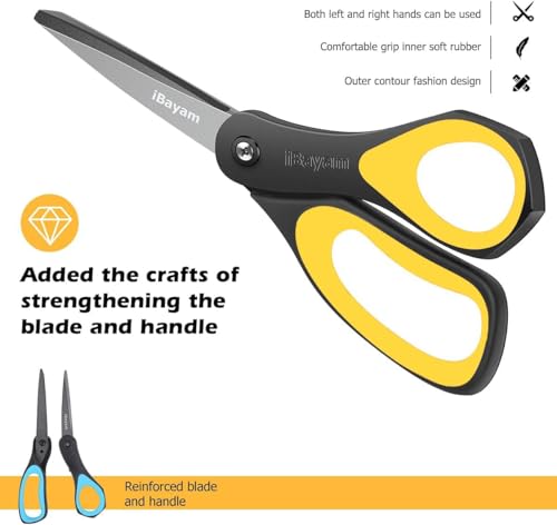 iBayam 8.5" All Purpose Nonstick Scissors, Titanium Scissors for Kids Craft | 2.5mm Blade| Comfort Grip Right/Left Handles| Multipurpose | Cutting Tape, Glue, Adhesive Labels, Paper Fabric - color: Yellow, Blue, Red, size: 3-Pack