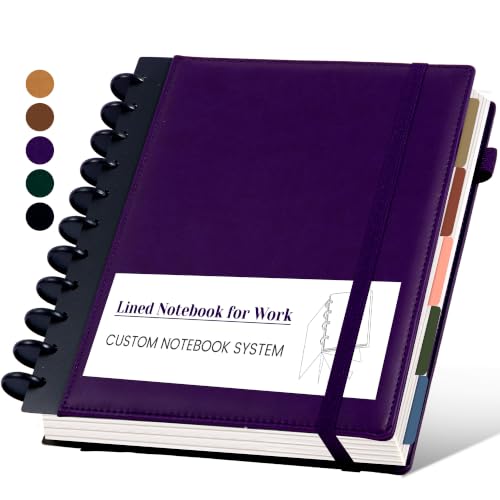 Hardcover Refillable Journal Notebook with Removable Divider Tabs, 300 Pages Leather 5 Subject Discbound Notebook College Ruled for Work School Note Taking,10x11.5" Lined Journal for Men & Women,purple - color: Purple, size: Large