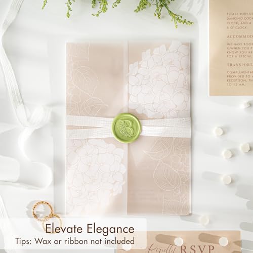 50 Pack Pre-Folded Vellum Jackets for 5x7 Invitations,AZAZA Elegant Translucent Invitation Sleeves,115GSM Vellum Jackets 5x7, Wedding Invitation Accessories, for Weddings Birthdays, Hydrangea Floral - color: 50Pack--White Hydrangea Floral
